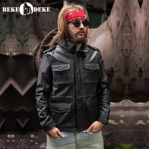 Plus Size 5XL Men Casual Windbreakers Multi-Pockets Genuine Leather Cargo Jacket Designer Autumn Stand Collar Outerwear Male