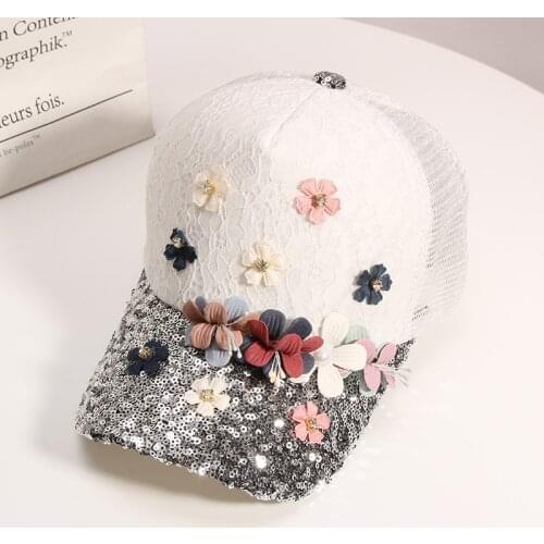 Women White Black Sequined Casquette Cap Embroidery Butterfly Baseball Cap Adjustable Summer Sequin Mesh Sun Protect Visor Hat