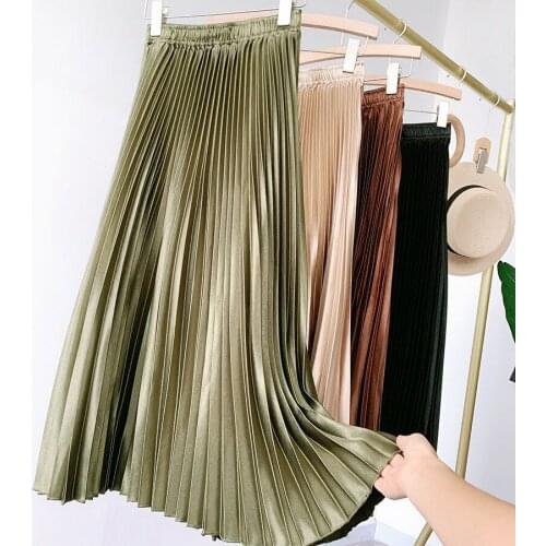 2021 Summer Women Pleated Long Skirt Vintage High Waisted A Line Satin Skirts Womens Korean Style Casual Solid Color Skirt L663