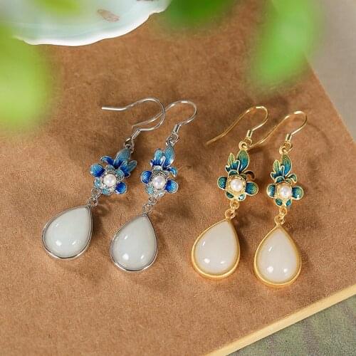 S925 sterling silver gold plated Hetian jade Pearl Eardrops Classic National style Cloisonne Ladies Earrings