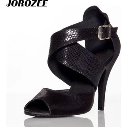 JOROZEE Latin Dance Shoes Womens Black Satin Snake PU Squre Salsa Ballroom Dancing Shoes Soft Outsole High Thin Heel 10cm