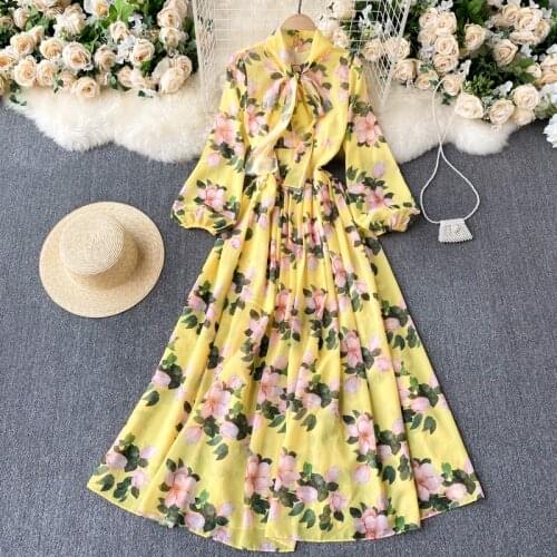 Womens Spring Autumn Runway Fashion Long Sleeve Floral Print Yellow Long Dress Female Chic Travel Party Beach Dress TB929