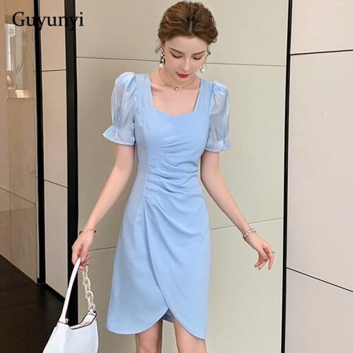 Blue Office Lady Dress 2021 Summer Simple Square Neck Puff Sleeves High Waist Small Folds On The Side Elegant Party Dress Women