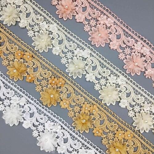 1 yard Pearl Lace Flower Fashion Nigerian Lace Trim Fabric Ribbon Embroidered Applique Handmade DIY Wedding Dress Sewing Craft