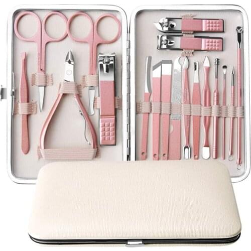 18 pcs Professional Pedicure Manicure Kit Nail Clipper Kit Nail File Trimmer Eyebrow Shaving Nose Hair Cutting Tool (Light Pink)
