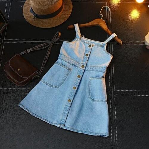 Girl Denim Dress 2019 Summer New Short-sleeved Girl Dress New Arrival Chest Wrap Gallus Jean Dress Button Closure 2-7Years