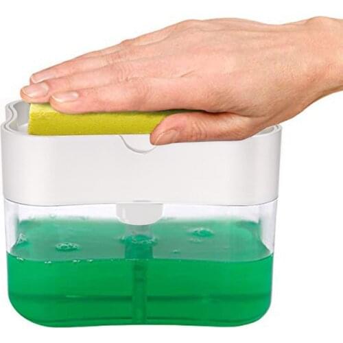 Sponge Caddy Rack Home Organizer Kitchen Hand Tool 2-in-1 Manual Press Dish Container Pump Cleaning Liquid Soap Dispenser Holder