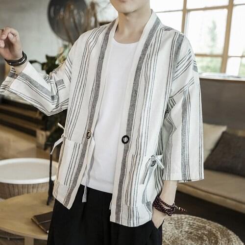 Cotton Linen Jacket Open Stitch 5Xl Summer Stripe Patchwork Kimono Jacket 2021 Streetwear Wind Breaker Ribbons Cardigan
