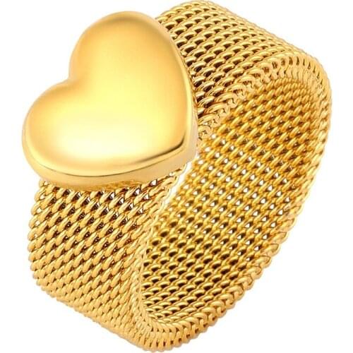 Stainless Steel Mesh Rings Gold Color Heart Love Ring For Women Men Lovers Wedding Party Ring Jewelry Gift