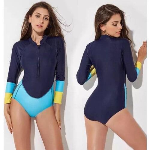 Hot 2019 Rash Guard Women Swim Long Sleeve Women One-Pices Surf Front Zipper Bather Swimming Suit Singlet Diving Lycra Surf