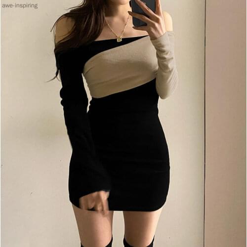 2021 Summer New Dress Contrast Color Stitching Fashion Strapless Sexy Exposed Clavicle Sexy Temperament Base Bag Hip Skirt