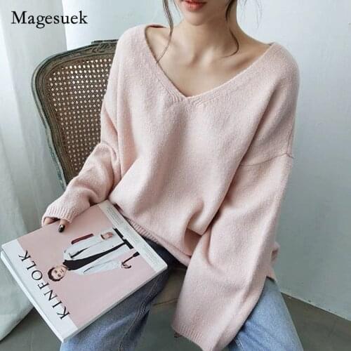 2021 Autumn Winter Plus Size V-neck Sweater Women Age-reducing Long-sleeve Loose Sweater Solid Tops Simple Bottom Knitwear 15919