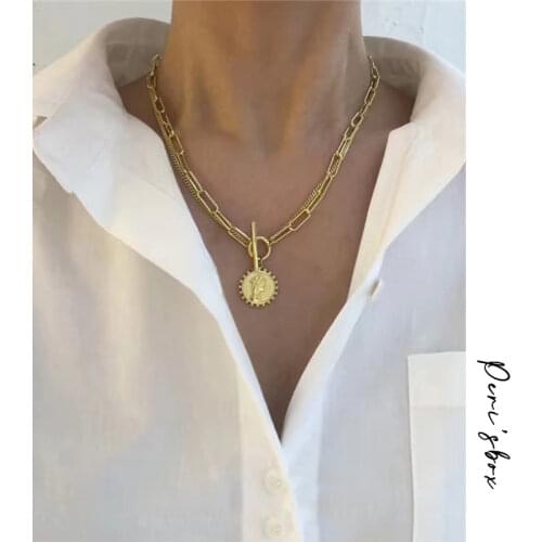 PerisBox Two Layered Queen Elizabeth Portrait Necklaces Toggle Clasp Coin Pendant Necklaces for Women Circle Vintage Necklace