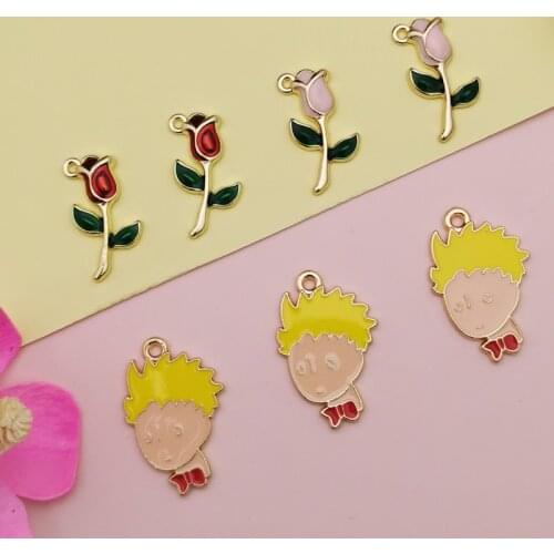 10pcs Prince Boy & Rose Enamel Pendants Charms Cartoon Guys Alloy Charms Fit Fashion Jewelry DIY Earring Bracelet Floating Gifts