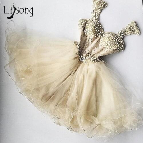 Chic Champagne Beaded Tulle Cocktail Dresses Dress For Graduation Appliques Ruffles Sexy Cute Formal Party Dress Crystal 2017