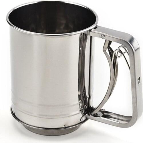 Stainless Steel Silver Hand-pressed Flour Sieve Cup Powder Flour Baking Tool Icing Sugar Mesh Sieve Colander Crank Sifter Baking