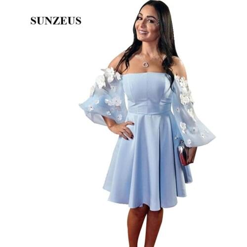 Off Shoulder Puffy Long Sleeves Party Dresses Boat Neck Knee Length Saudi Arabic Celebrity Formal Gowns Flowers Prom Dress Short