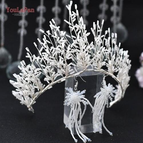 YouLaPan HP193 Luxury White Tube Women Tiaras and Crowns Earring Set Wedding Hair Jewelry Hair Accessories Bridal Headwear