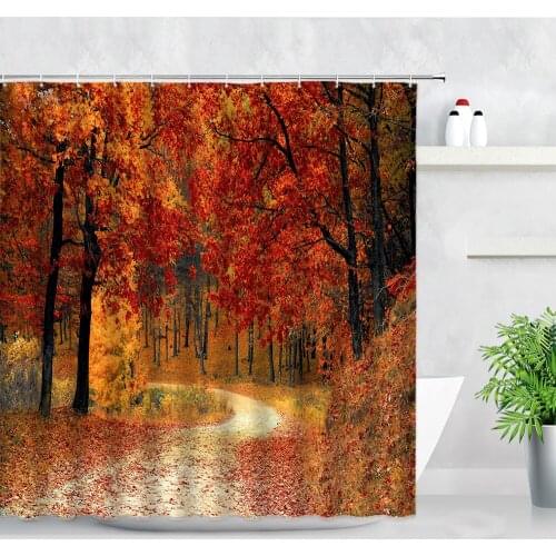Autumn Forest Landscape Shower Curtain Maple Trees Red Leaves Road Natural Scenery Wall Decor Bathroom Fabric Bath Curtains Hook