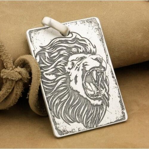 925 Sterling Silver Deep Engraved High Detail Angry Lion Dog Tag Mens Biker Rocker Punk Pendant 9X010 JP
