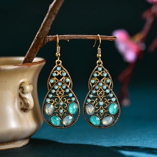 2020 Vintage Blue Crystal Beaded Earrings For Women Handmade Gold Alloy Hollow Gourd Shape Water Drop Earrings