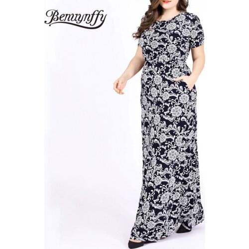 GIBSIE 2021 Womens Abaya Muslim Dress Plus Size O-Neck Short Sleeve Summer Dresses Vintage Print Maxi Long Dress With Pocket