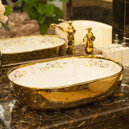 Golden China Ceramic Art Basin Sink Counter Top Wash Basin Bathroom Vessel Sinks wash hand art basin oval shape