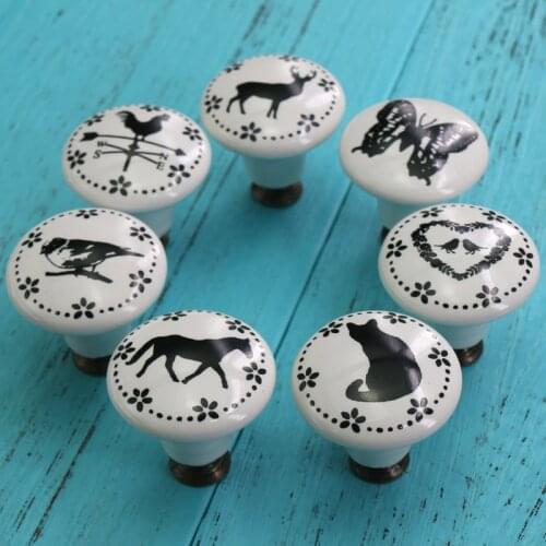1x Vintage Ceramic Cabinet Door Knobs Various Black White Butterfly Animal Bird Kitchen Cupboard Dresser Handles Drawer Pulls