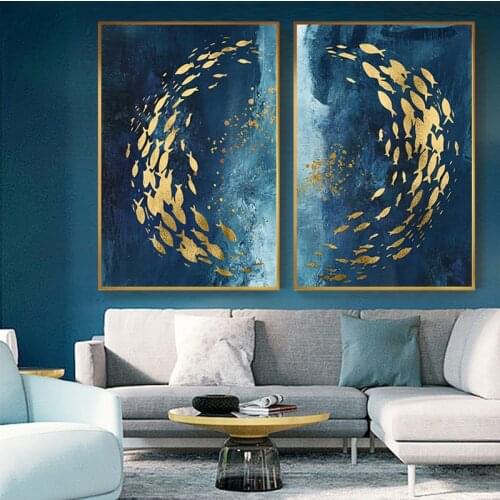 Golden Fish Blue Sea Abstract Posters and Prints on Canvas Painting Modern Nordic Wall Art Pictures for Living Room Aisle Decor