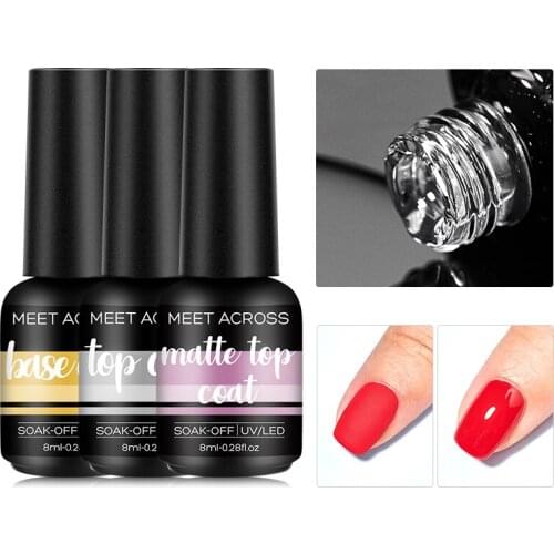 MEET ACROSS 8ml Base Top Coat Gel Nail Polish Soak off UV Gel Semi Permanent Nail Art Manicure Gel Varnish