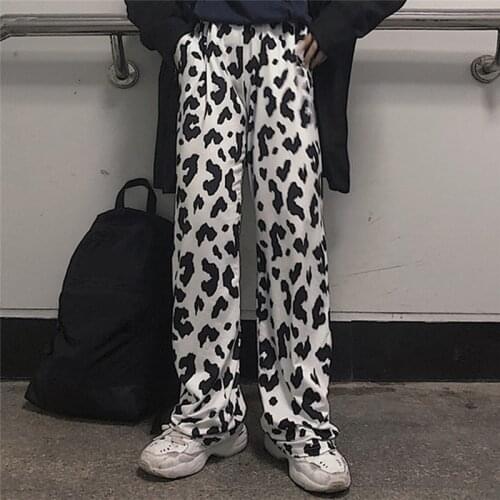 Fashion Women Wide Leg Pants Autumn womens Cow Pattern Printing Casual High Waist Draped Pants Loose Ladies Trousers