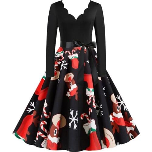 Black Big Swing Print Vintage Christmas Dress Women Autumn Winter Casual Long Sleeve V-Neck Sexy New Year Party Dress Plus Size