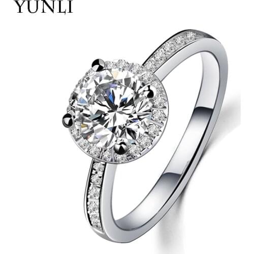 YUNLI Real Moissanite Ring Pure 925 Silver Prong Set Wedding Ring for Women Fine Jewelry Gift RI001
