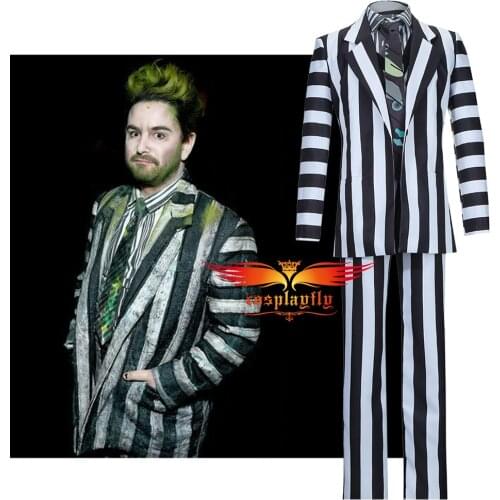 Anime Beetlejuice Adam Cosplay Costume Outfits for Adult Men Black and White Striped Suit Jacket Shirt Pants Halloween Carnival