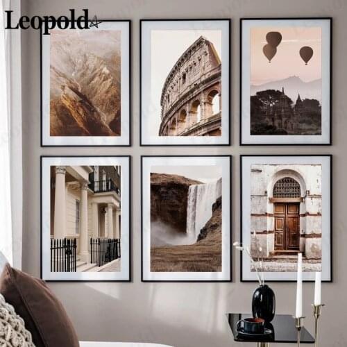 Nordic Architecture Canvas Painting Abstract Mountain Ancient Roman Arena Waterfall Balloon Poster Wall Art Room Decoration