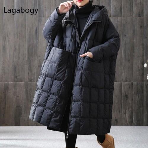 Lagabogy 2021 New Winter Women Hooded Long Solid Color 90% White Duck Down Coat Warm Loose Big Size puffer Jacket Female Parkas