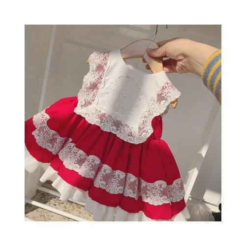 New Baby Girls Summer Fluffy Spanish Dress Bow Red Color Princess Dress Retro Children Clothes For 1-6Y