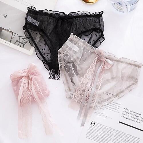 Transparent Polka Dot Mesh Womens Underwear Cute Lace Low-Waist Panties Sexy Hip Bowknot Cute Girls Briefs Sex Lingerie Tanga
