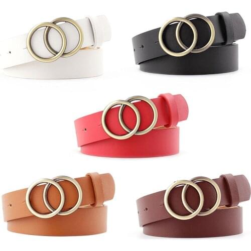 Women Faux Leather Adjustable Double Round Buckle Waist Belt Waistband ceinture femme women belt Dress Apparel Accessories