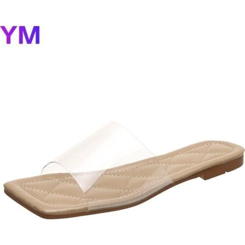 2021 Casual Female Shoes Transparent PVC Mules Flat Square Heel Slides Summer Sandals Sapato Feminino Zapatillas Casa Mujer PVC