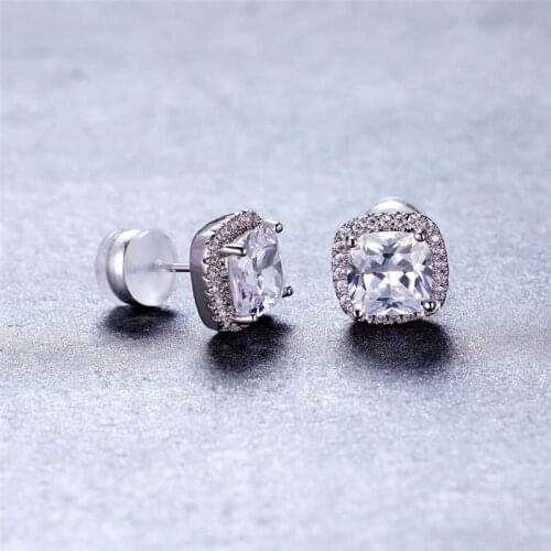 Luxury White Crystal Square Stud Earrings Pink Zircon Stone Earrings For Women Wedding Jewelry Silver Color Birthstone Earrings