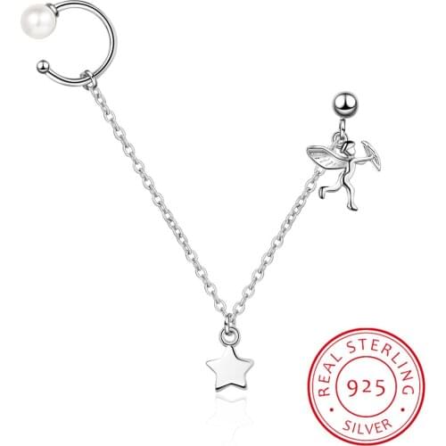 Angel Wing Cupid Dangling Long Chain Clip on Earrings for Women Teens Girls Kids 925 Sterling Silver Pearl Star Ear Cuff Earcuff