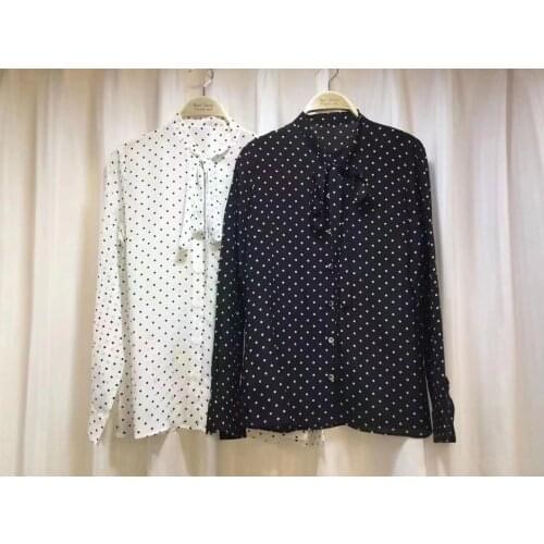 Special sale womens shirt fashion polka dot printing silk long-sleeved ribbon bow tie mulberry silk shirt women free shipping