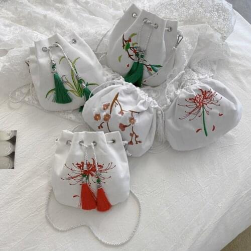 Chinese Style Ladies Tassel Drawstring Handbag Women Canvas Flower Plant Embroidery Shoulder Crossbody Messenger Bag Streetwear