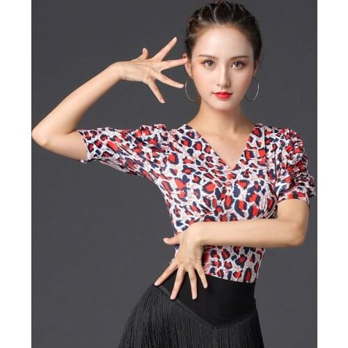 Leopard Latin Dance Tops For Women Red Ballroom Dance Clothes Summer Stage Costume Tap Dance Outfits Modern Dance Wear JL1505