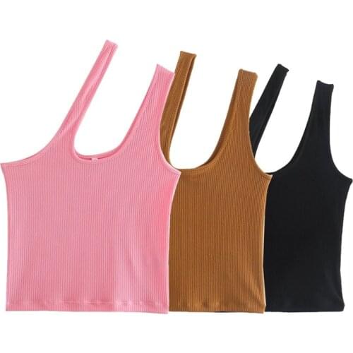 TRAF Womens 2021 Fashion Asymmetrical Shoulder Strap Top Thin Section Pure Color Basic Temperament One-shoulder Vest Streetwear