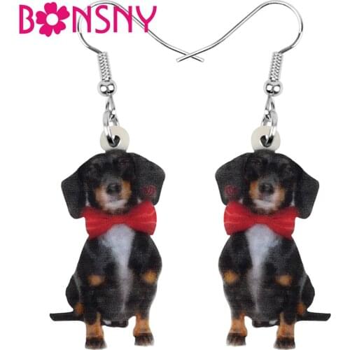 Bonsny Acrylic Valentines Day Black Bow-knot Dachshund Dog Earrings Animal Drop Dangle Jewelry For Women Girls Teens Charm Gift