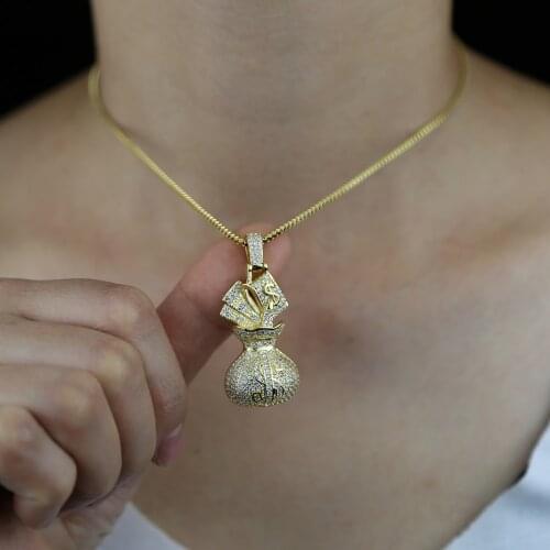 2021 Fashion new Iced Out Bling 5A Cubic Zircon Paved US Dollar Money Bag Pendant box chain necklaces Hip Hop jewelry for women