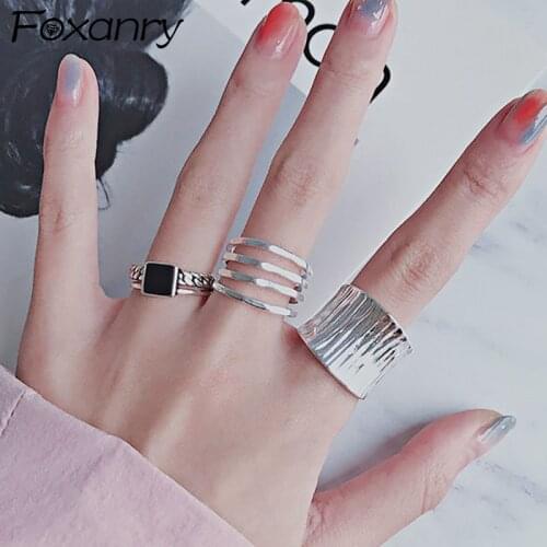 Foxanry 925 Sterling Silver Width Rings for Women Couples New Fashion Vintage Handmade Geometric Punk Hiphop Party Jewelry Gifts