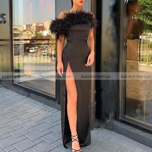 Elegant Long Black Satin Evening Dress 2021 with Feather Arabic Robe de Soiree Elegant Prom Party Wear Vestido de Festa